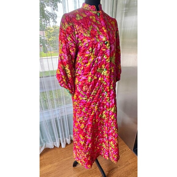 Vintage 1970s robe, hot pink, emerald, orange floral, quilted, tulip bell sleeve - Picture 1 of 10